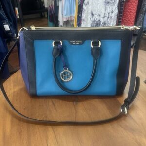 Retro Henri Bendel 57th Color Block Tote Bag 14.5" W/ Teal Front Purple sides
